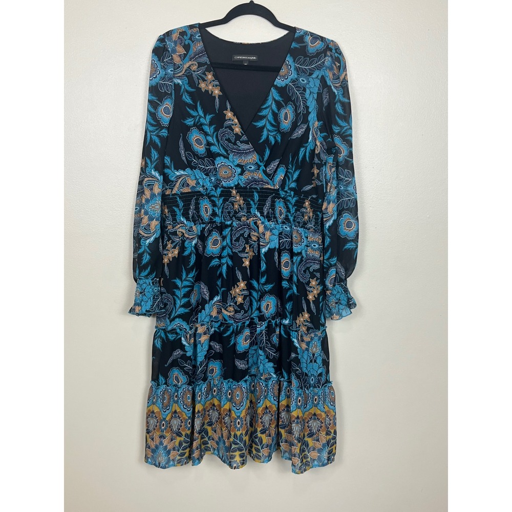 Chris McLaughlin Blue Paisley Floral Faux Wrap Smocked Waist Dress 16